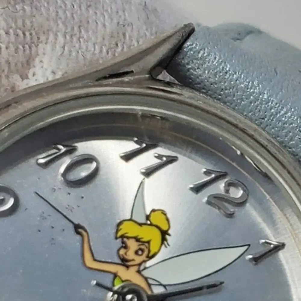 Disney Tinker Bell Round Silver Analog Watch Blue Leather Band Women's